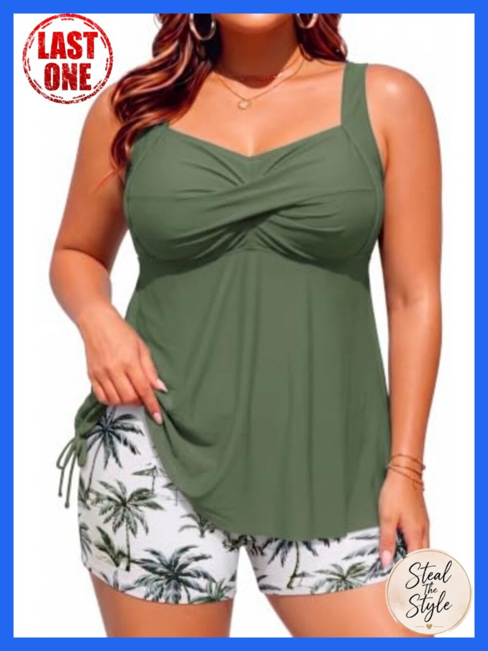Plus Size Tankini Swimsuit with Shorts, Twist Front, Tummy Control, Adjustable